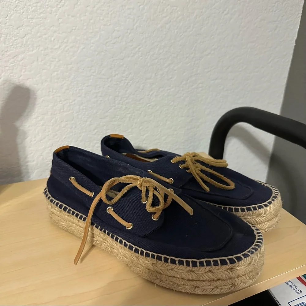 Tory Burch navy espadrille platform lace up Blanton boat shoes women size 7